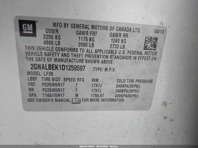 45139076 :رقم المزاد ، 2GNALBEK1D1259597 vin ، 2013 Chevrolet Equinox Ls مزاد بيع