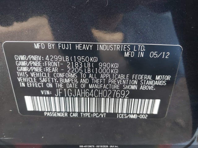 Auction sale of the 2012 Subaru Impreza 2.0i Limited, vin: JF1GJAH64CH027692, lot number: 45139078