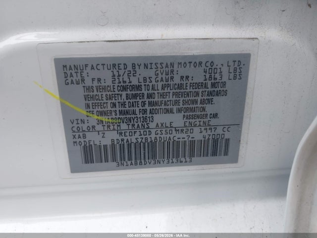 Aukcja sprzedaży 2022 Nissan Sentra Sr Xtronic Cvt, vin: 3N1AB8DV3NY313613, numer aukcji: 45139080