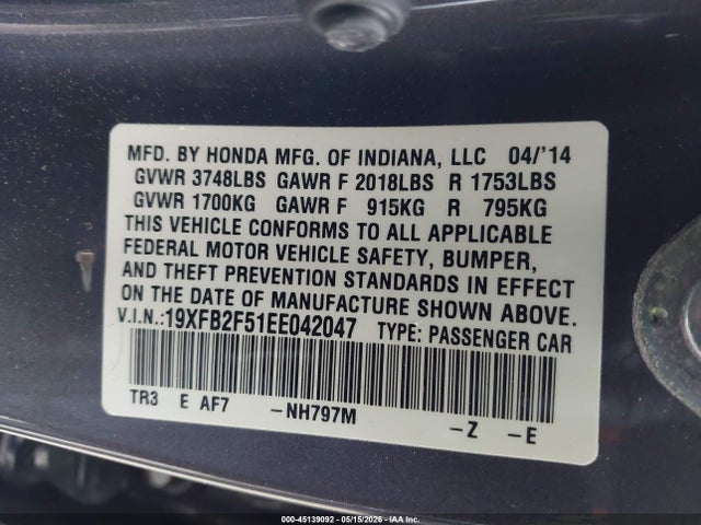 Продажа на аукционе авто 2014 Honda Civic Lx, vin: 19XFB2F51EE042047, номер лота: 45139092