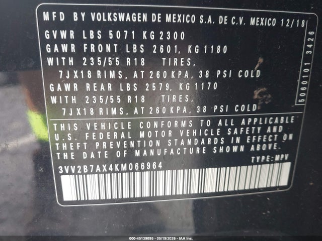 45139095 :رقم المزاد ، 3VV2B7AX4KM066964 vin ، 2019 Volkswagen Tiguan 2.0t Se/2.0t Sel/2.0t Sel R-line/2.0t Sel R-line Black مزاد بيع