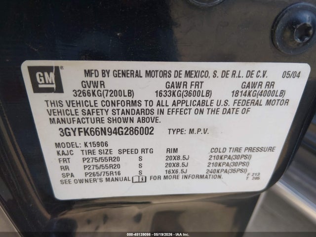 Продаж на аукціоні авто 2004 Cadillac Escalade Esv Platinum Edition, vin: 3GYFK66N94G286002, номер лоту: 45139098