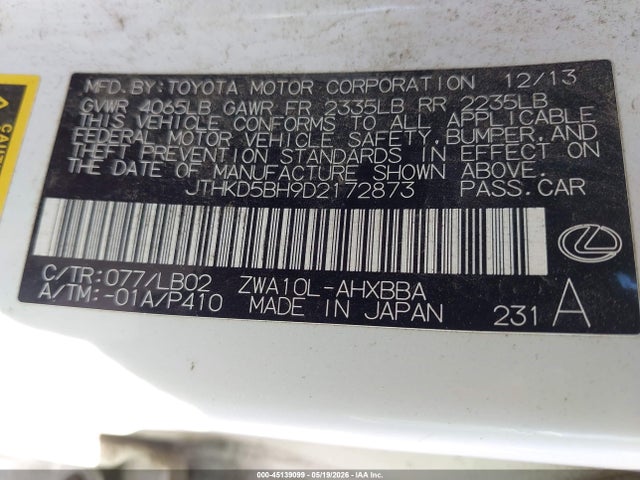45139099 :رقم المزاد ، JTHKD5BH9D2172873 vin ، 2013 Lexus Ct 200h مزاد بيع