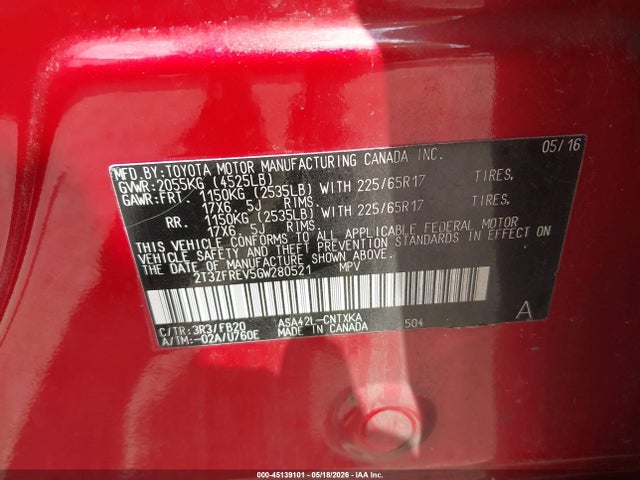2016 Toyota Rav4 Le მანქანა იყიდება აუქციონზე, vin: 2T3ZFREV5GW280521, აუქციონის ნომერი: 45139101