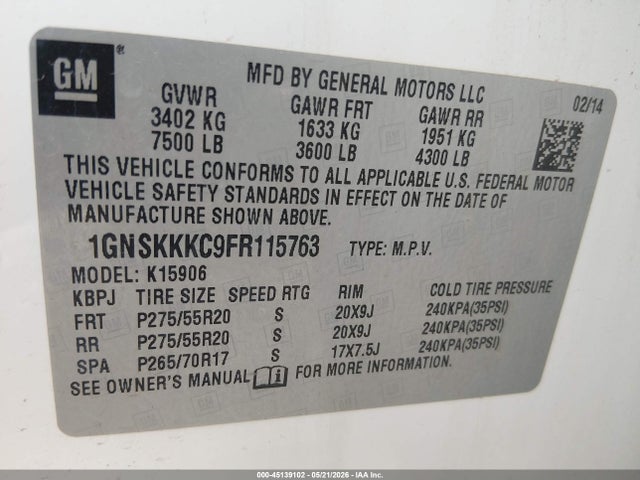 1GNSKKKC9FR115763 Chevrolet Suburban 1500 Ltz