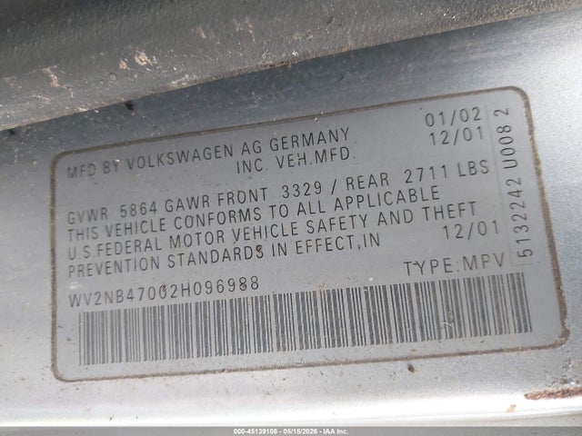 45139108 :رقم المزاد ، WV2NB47002H096988 vin ، 2002 Volkswagen Eurovan Mv مزاد بيع