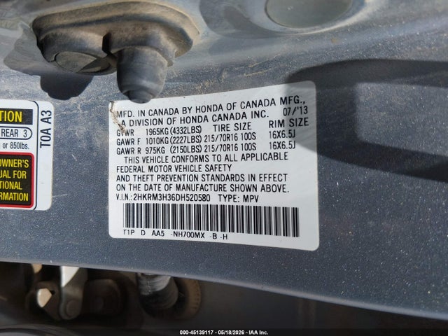 2013 Honda Cr-v Lx მანქანა იყიდება აუქციონზე, vin: 2HKRM3H36DH520580, აუქციონის ნომერი: 45139117