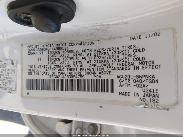 Aukcja sprzedaży 2003 Toyota Highlander, vin: JTEGD21A230054759, numer aukcji: 45139118