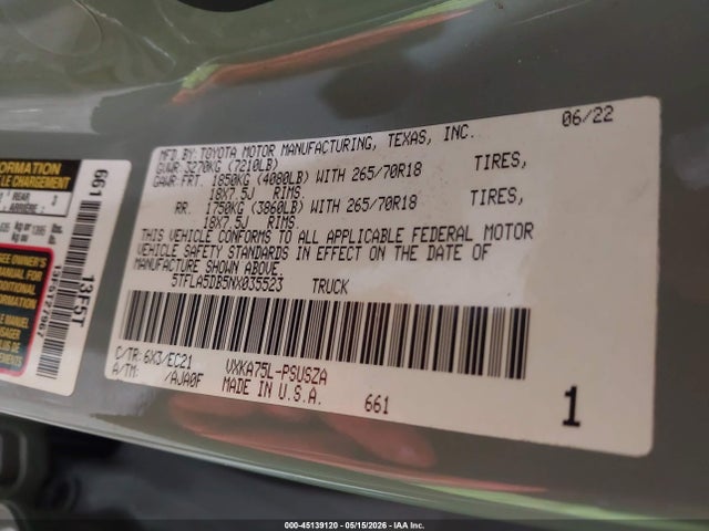 5TFLA5DB5NX035523 Toyota Tundra Sr5
