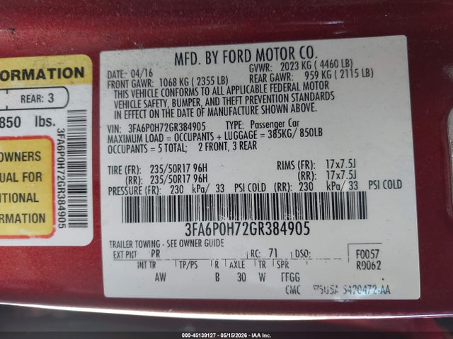 Продажа на аукционе авто 2016 Ford Fusion Se, vin: 3FA6P0H72GR384905, номер лота: 45139127