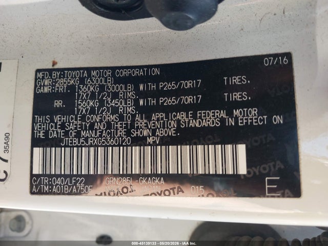 Aukcja sprzedaży 2016 Toyota 4runner Trd Pro, vin: JTEBU5JRXG5360120, numer aukcji: 45139133