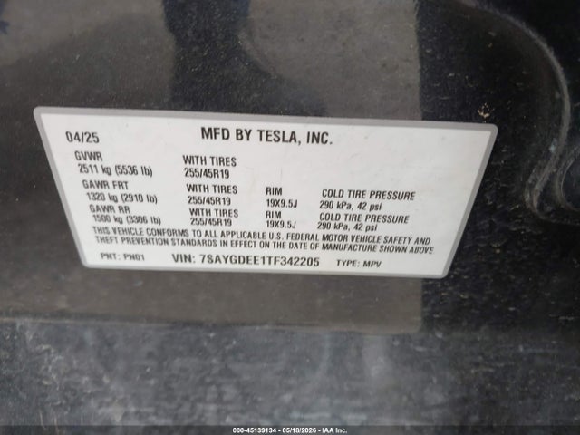 2026 Tesla Model Y მანქანა იყიდება აუქციონზე, vin: 7SAYGDEE1TF342205, აუქციონის ნომერი: 45139134
