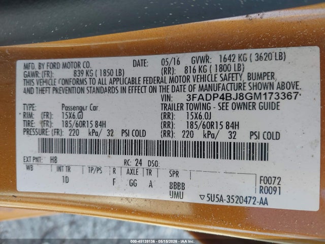 45139136 :رقم المزاد ، 3FADP4BJ8GM173367 vin ، 2016 Ford Fiesta Se مزاد بيع