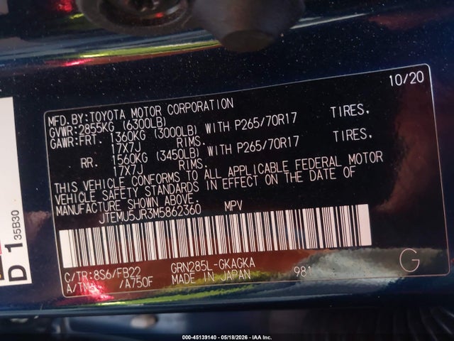 45139140 :رقم المزاد ، JTEMU5JR3M5862360 vin ، 2021 Toyota 4runner Sr5 مزاد بيع