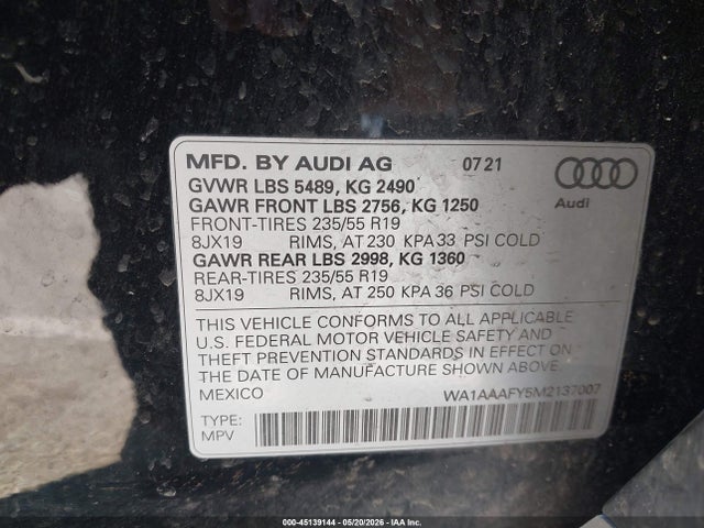 45139144 :رقم المزاد ، WA1AAAFY5M2137007 vin ، 2021 Audi Q5 Premium 45 Tfsi Quattro S Tronic مزاد بيع