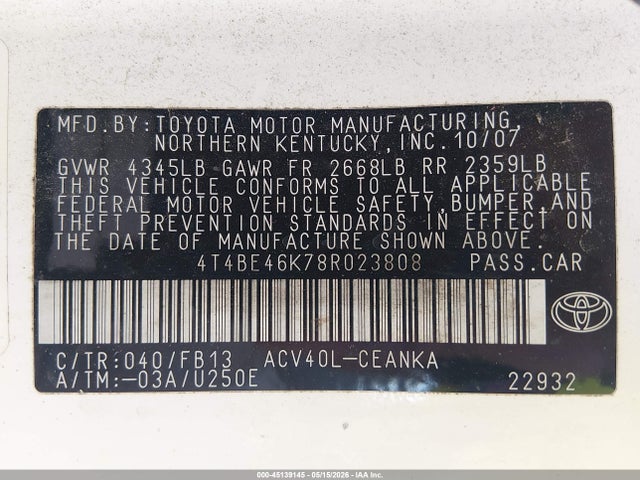 2008 Toyota Camry Le მანქანა იყიდება აუქციონზე, vin: 4T4BE46K78R023808, აუქციონის ნომერი: 45139145