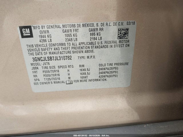Chevrolet Trax Lt 2018 3GNCJLSB7JL310782 Image 9