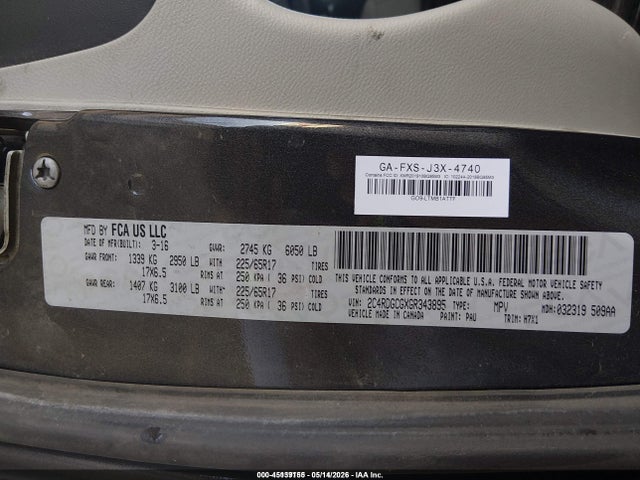 Aukcja sprzedaży 2016 Dodge Grand Caravan Sxt, vin: 2C4RDGCGXGR343895, numer aukcji: 45139155
