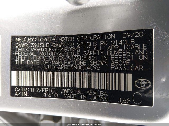 Aukcja sprzedaży 2021 Toyota Corolla Hybrid Le, vin: JTDEAMDE8MJ014096, numer aukcji: 45139157