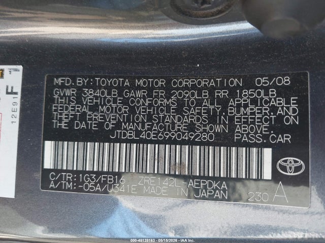 Продаж на аукціоні авто 2009 Toyota Corolla Le, vin: JTDBL40E699049280, номер лоту: 45139163