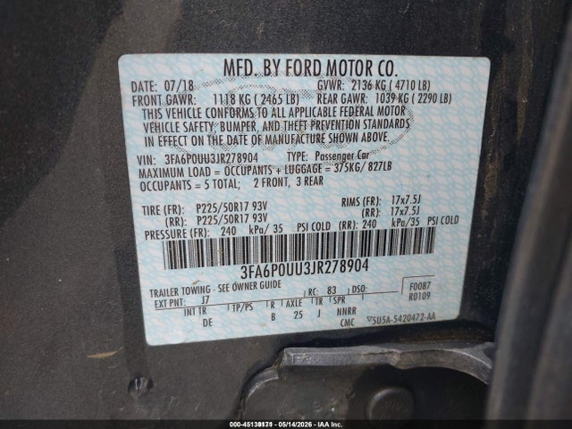Aukcja sprzedaży 2018 Ford Fusion Hybrid S, vin: 3FA6P0UU3JR278904, numer aukcji: 45139171
