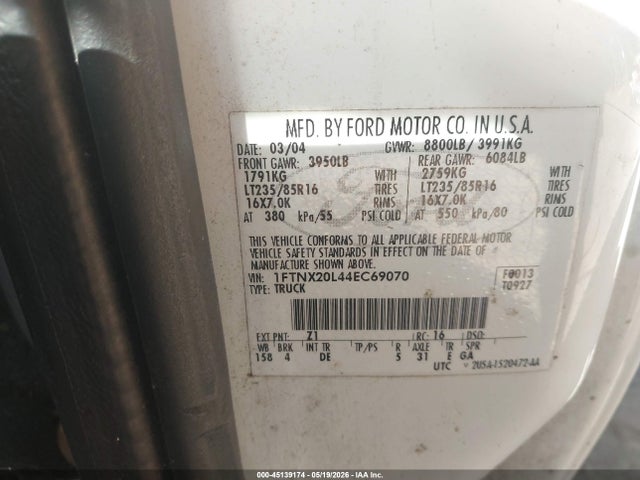 Aukcja sprzedaży 2004 Ford F-250 Lariat/xl/xlt, vin: 1FTNX20L44EC69070, numer aukcji: 45139174