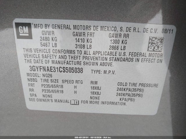Продажа на аукционе авто 2012 Cadillac Srx Luxury Collection, vin: 3GYFNAE31CS505038, номер лота: 45139191