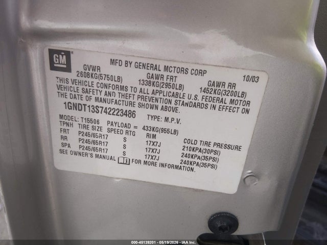 45139201 :رقم المزاد ، 1GNDT13S742223486 vin ، 2004 Chevrolet Trailblazer Lt مزاد بيع