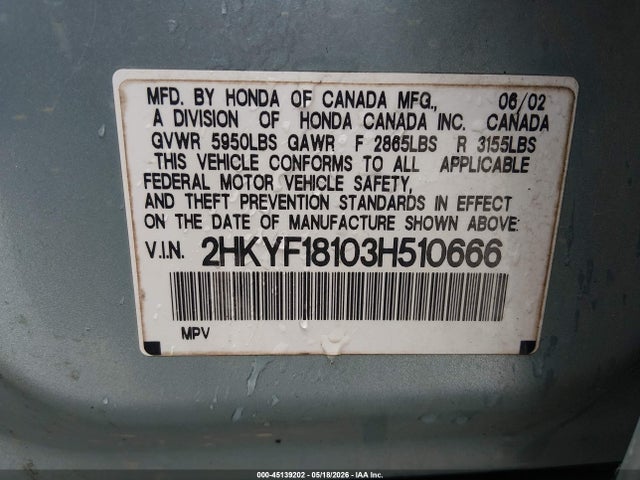 Продажа на аукционе авто 2003 Honda Pilot Lx, vin: 2HKYF18103H510666, номер лота: 45139202