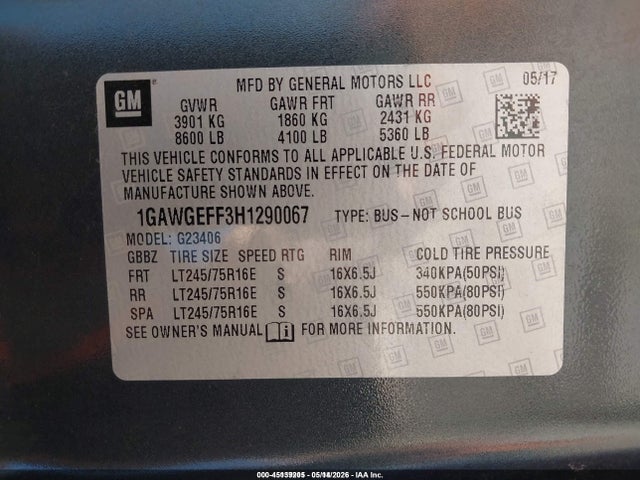 Aukcja sprzedaży 2017 Chevrolet Express 2500 Ls, vin: 1GAWGEFF3H1290067, numer aukcji: 45139205