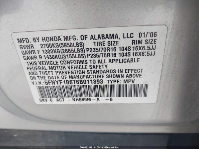 45139218 :رقم المزاد ، 5FNYF18676B011393 vin ، 2006 Honda Pilot Ex-l مزاد بيع