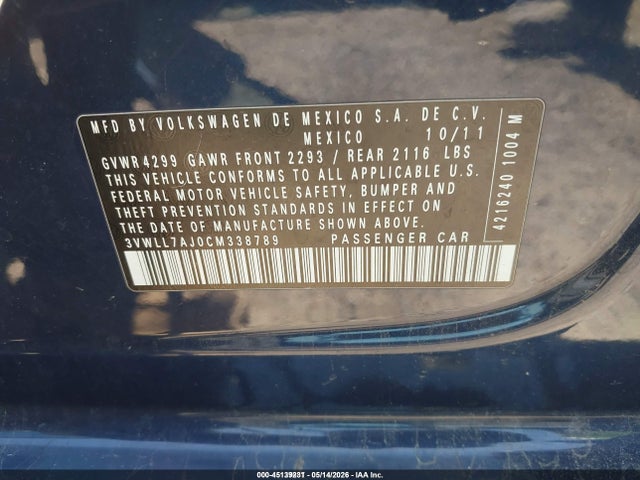 2012 Volkswagen Jetta 2.0l Tdi მანქანა იყიდება აუქციონზე, vin: 3VWLL7AJ0CM338789, აუქციონის ნომერი: 45139231