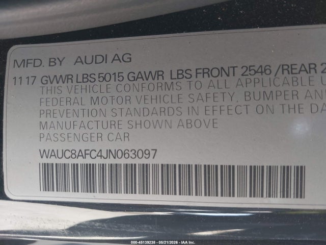 45139238 :رقم المزاد ، WAUC8AFC4JN063097 vin ، 2018 Audi A6 2.0t Premium/2.0t Sport مزاد بيع