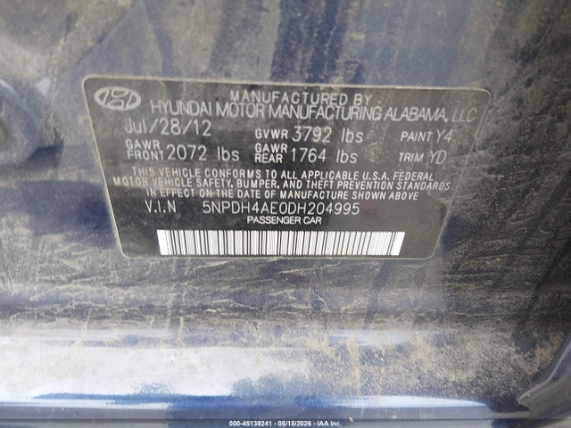 45139241 :رقم المزاد ، 5NPDH4AE0DH204995 vin ، 2013 Hyundai Elantra Gls مزاد بيع
