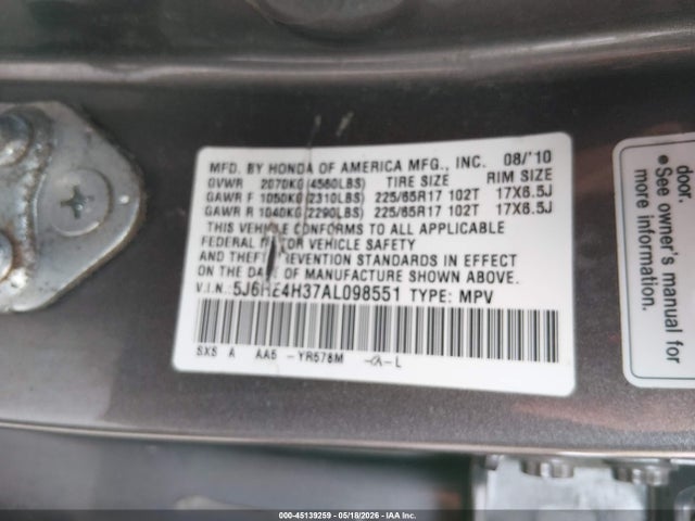 45139259 :رقم المزاد ، 5J6RE4H37AL098551 vin ، 2010 Honda Cr-v Lx مزاد بيع