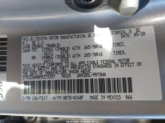 45139264 :رقم المزاد ، 3TMCZ5AN0MM373357 vin ، 2021 Toyota Tacoma Trd Off-road مزاد بيع