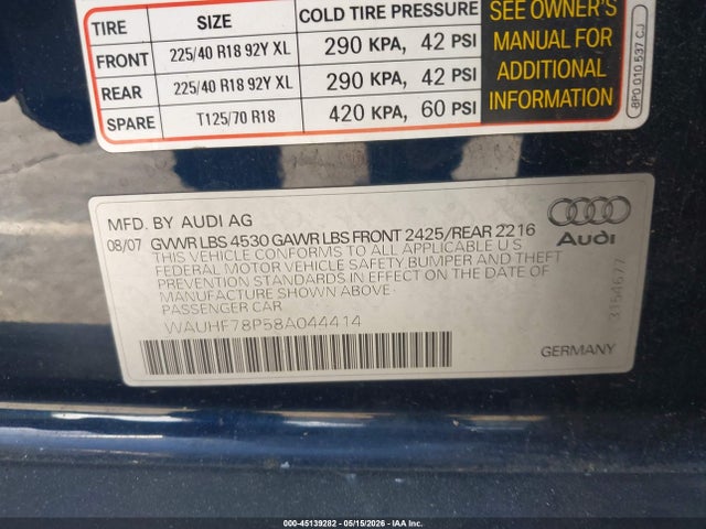 Aukcja sprzedaży 2008 Audi A3 2.0t, vin: WAUHF78P58A044414, numer aukcji: 45139282