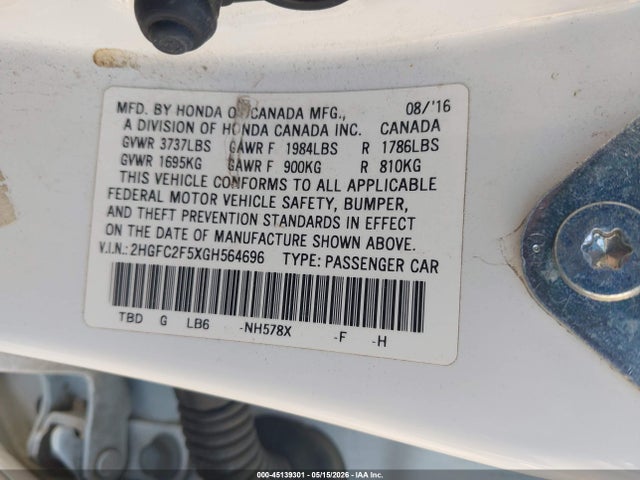 Aukcja sprzedaży 2016 Honda Civic Lx, vin: 2HGFC2F5XGH564696, numer aukcji: 45139301