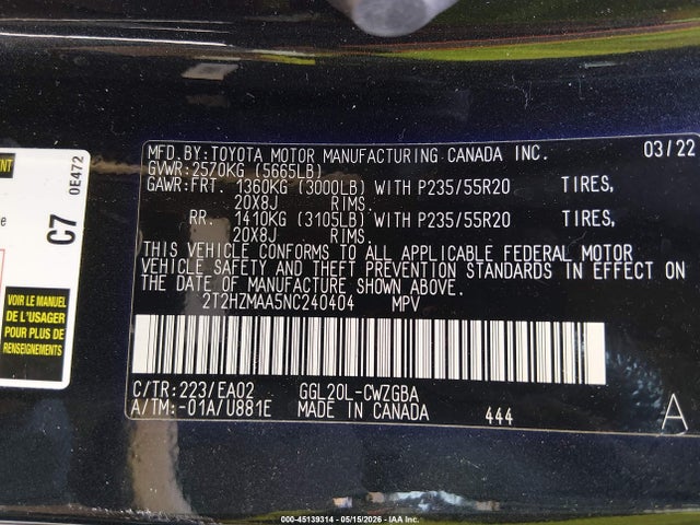 45139314 :رقم المزاد ، 2T2HZMAA5NC240404 vin ، 2022 Lexus Rx 350 مزاد بيع