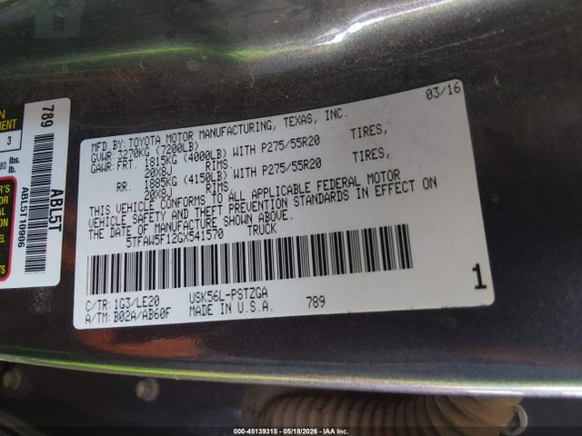 Продажа на аукционе авто 2016 Toyota Tundra Platinum 5.7l V8, vin: 5TFAW5F12GX541570, номер лота: 45139315