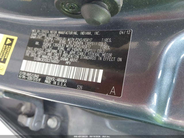 Aukcja sprzedaży 2012 Toyota Highlander Se V6, vin: 5TDBK3EH3CS146607, numer aukcji: 45139320