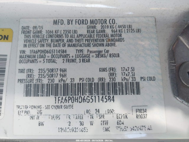 Auction sale of the 2016 Ford Fusion Se, vin: 1FA6P0HD6G5114584, lot number: 45139328
