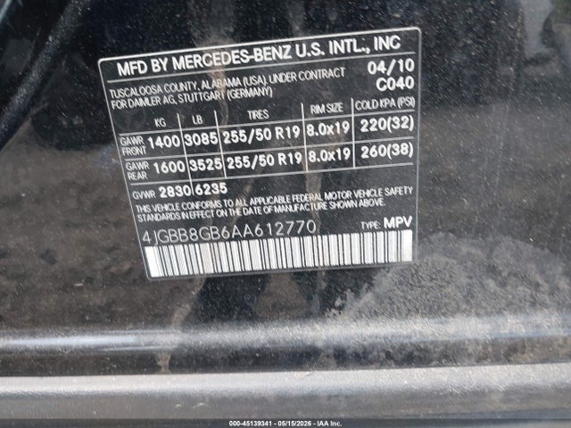 Продаж на аукціоні авто 2010 Mercedes-benz Ml 350 4matic, vin: 4JGBB8GB6AA612770, номер лоту: 45139341