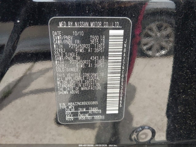 Продаж на аукціоні авто 2011 Infiniti Qx56, vin: JN8AZ2NC8B9300865, номер лоту: 45139350
