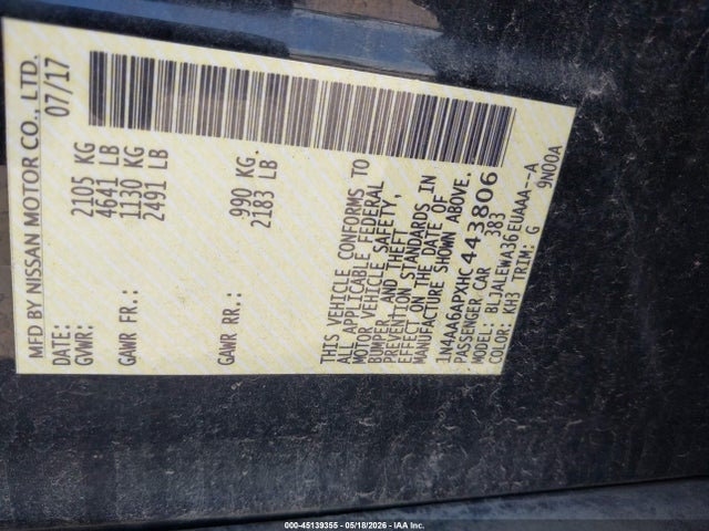 45139355 :رقم المزاد ، 1N4AA6APXHC443806 vin ، 2017 Nissan Maxima 3.5 Sl مزاد بيع