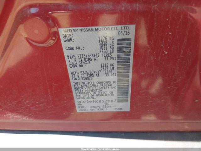2016 Nissan Rogue S მანქანა იყიდება აუქციონზე, vin: 5N1AT2MN9GC852087, აუქციონის ნომერი: 45139356