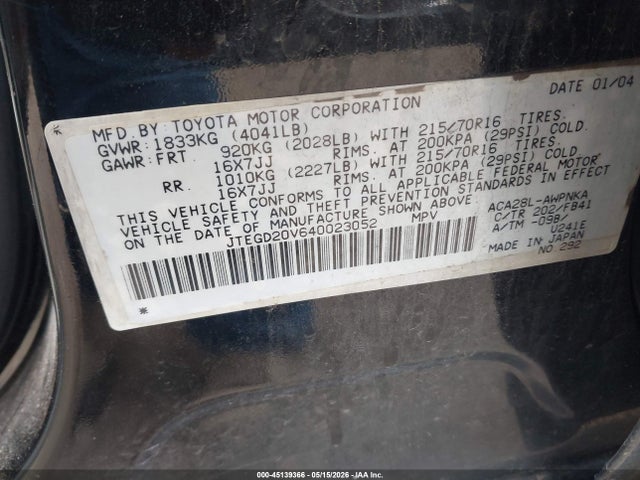 Aukcja sprzedaży 2004 Toyota Rav4, vin: JTEGD20V640023052, numer aukcji: 45139366