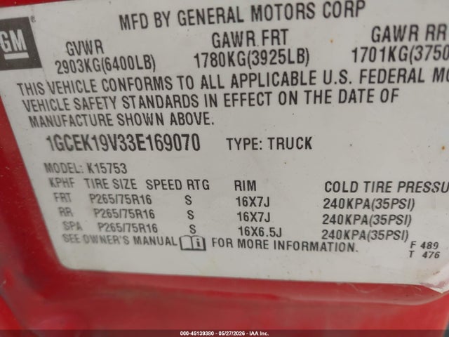 45139380 :رقم المزاد ، 1GCEK19V33E169070 vin ، 2003 Chevrolet Silverado 1500 Ls مزاد بيع