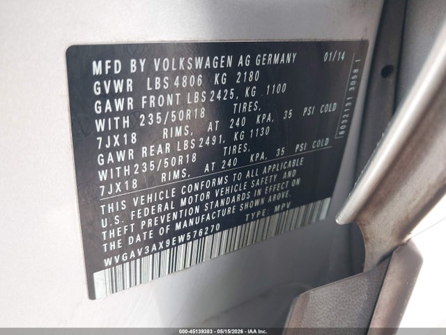 45139383 :رقم المزاد ، WVGAV3AX9EW576270 vin ، 2014 Volkswagen Tiguan Se مزاد بيع