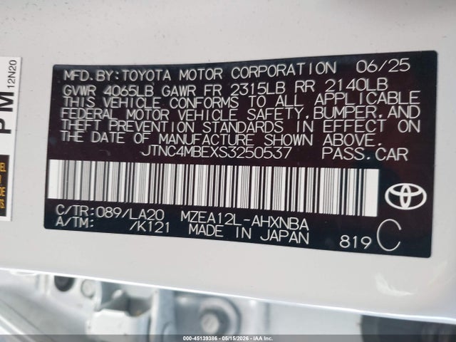 Продаж на аукціоні авто 2025 Toyota Corolla Xse, vin: JTNC4MBEXS3250537, номер лоту: 45139386